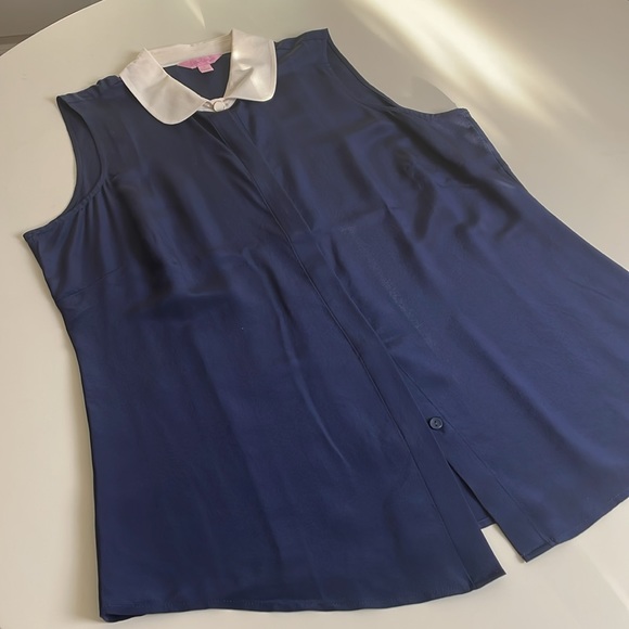 Lilly Pulitzer Silk Navy Blue Off-White Collar Sleeveless top- Large - Picture 9 of 12